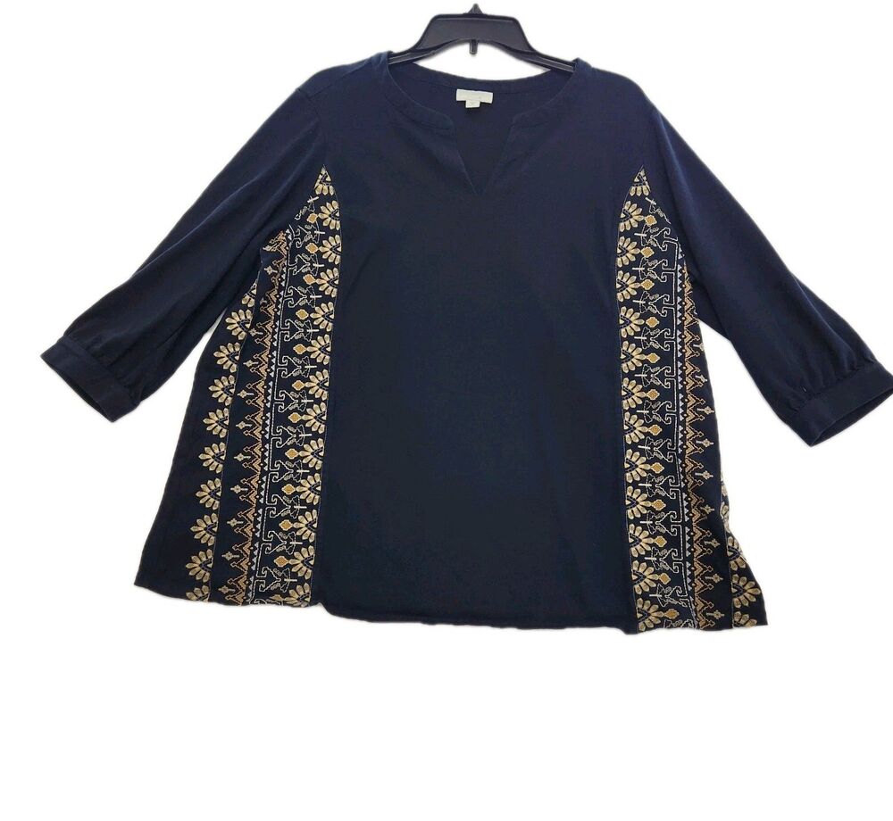 J. Jill Pure Jill Navy Blue Aztec Embroided 3/4 Sleeve Blouse Top Women SZ XL